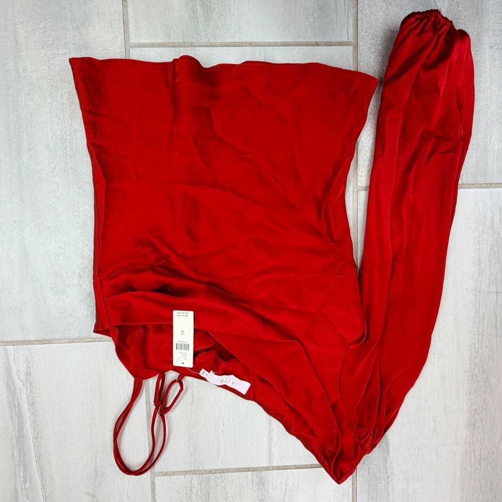 ASTR The Label Red One Shoulder Satin Puff Sleeve Blouse Top ACT18491 Medium NWT
